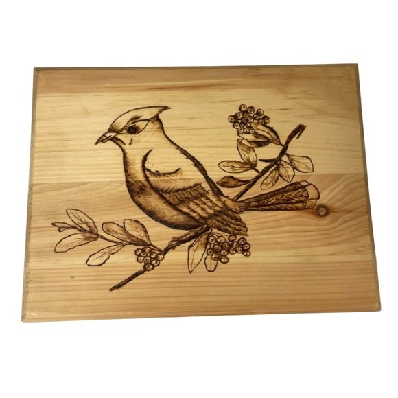 Handmade Original Wood Burning Burn Art, Bird on Branches Berries 12x9 - Picture 1 of 13